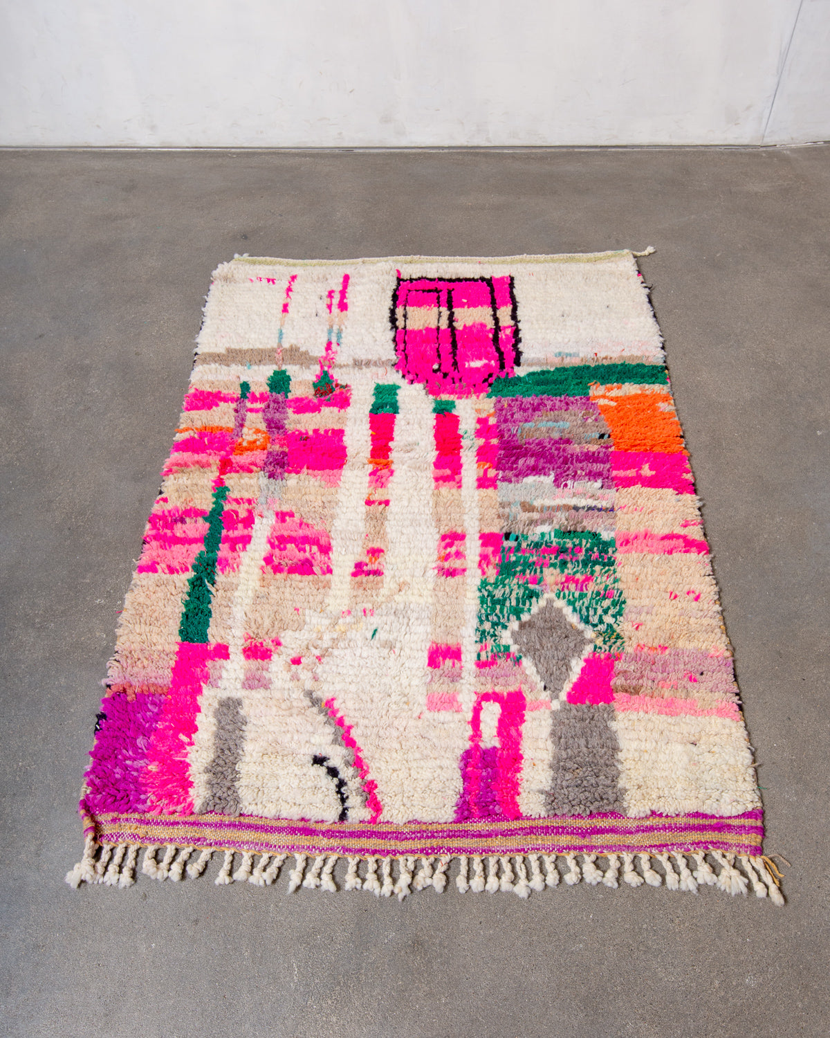 Modern, designer, handcrafted Berber rug from Morocco. Vintage carpet with beautiful colours and patterns and fluffy texture.